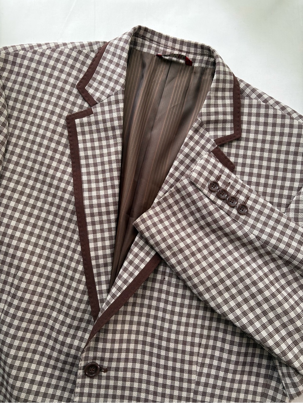 Caravelli Fusion Retro Plaid Blazer Mens 42 Long Brown Gingham Trimmed Jacket